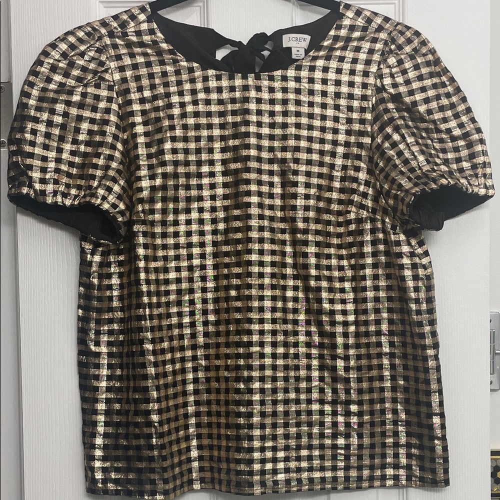 J. Crew Metallic Black and Gold Plaid Blouse